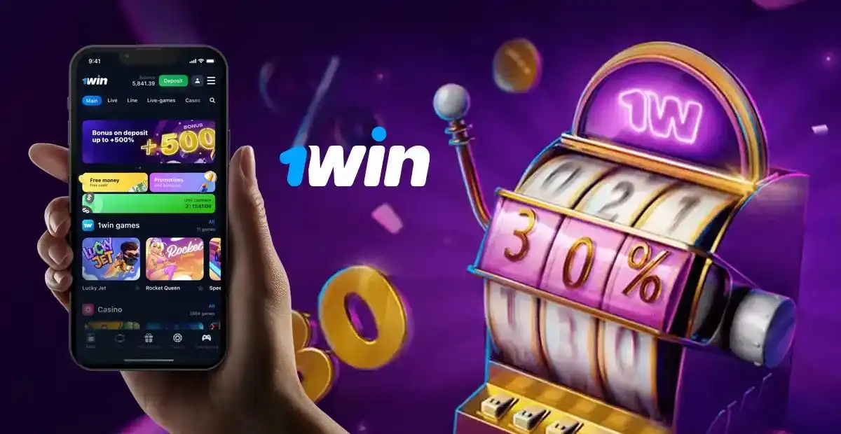 1win online casino app interface with slot machine games and bonus offers on purple background